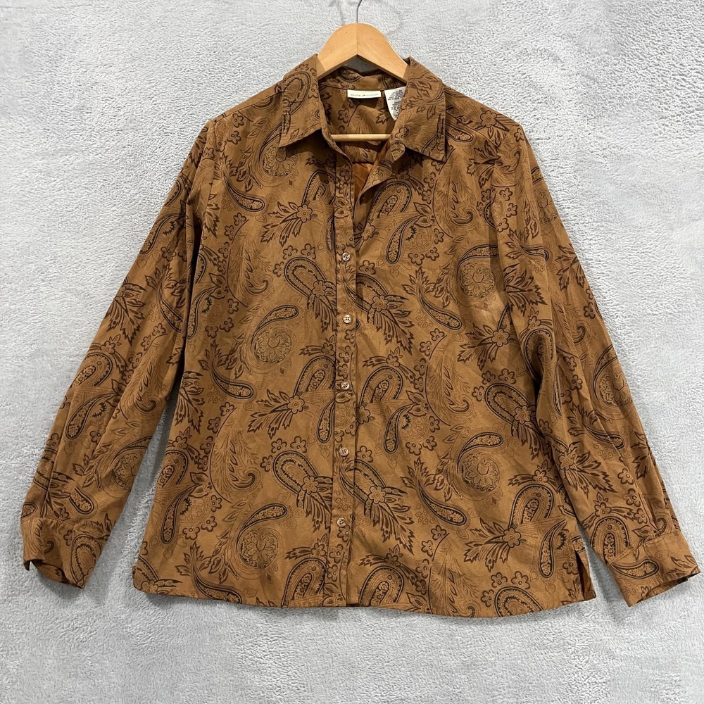 Vintage White Stag Shirt Womens Medium Button Up Faux Suede Paisley Print 90s